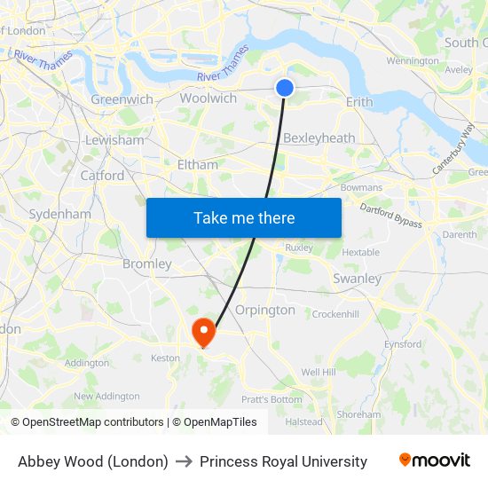 Abbey Wood (London) to Princess Royal University map
