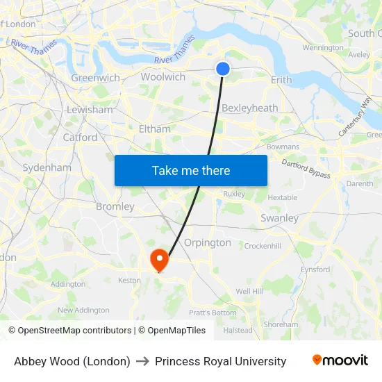 Abbey Wood (London) to Princess Royal University map