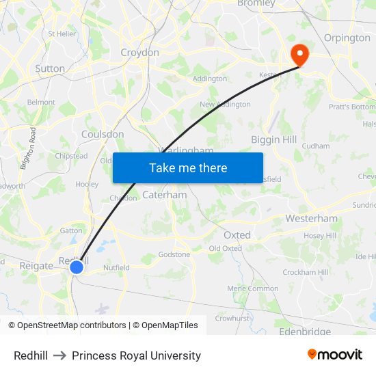 Redhill to Princess Royal University map