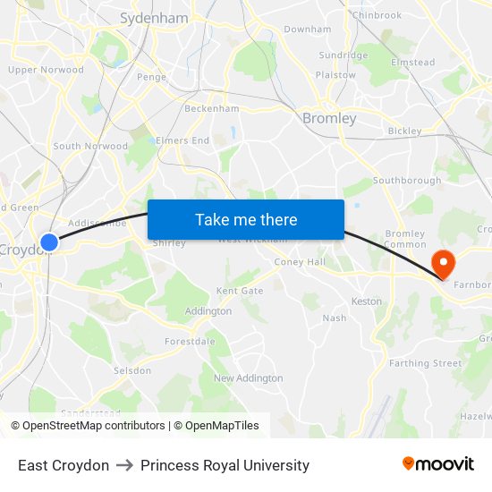 East Croydon to Princess Royal University map