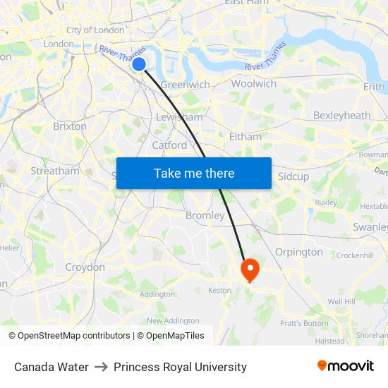 Canada Water to Princess Royal University map
