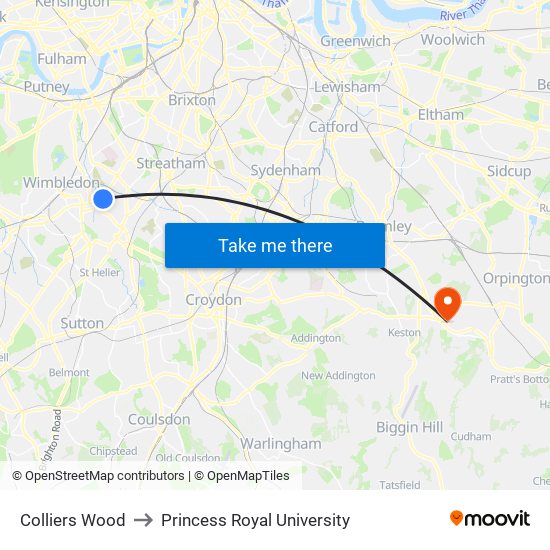 Colliers Wood to Princess Royal University map