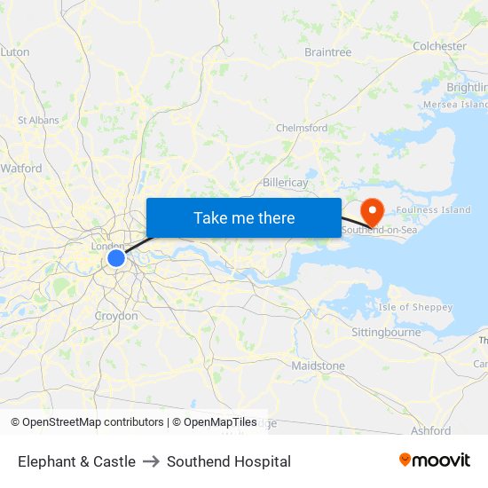 Elephant & Castle to Southend Hospital map
