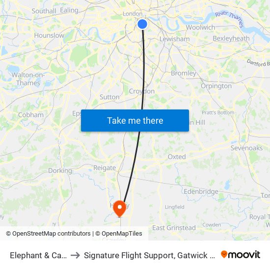 Elephant & Castle to Signature Flight Support, Gatwick Airport map