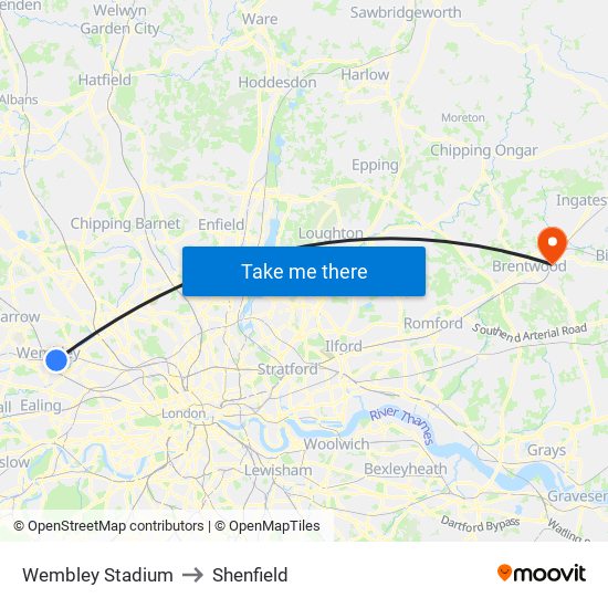 Wembley Stadium to Shenfield map