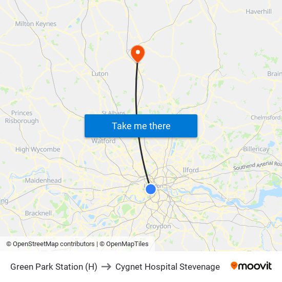 Green Park Station (H) to Cygnet Hospital Stevenage map