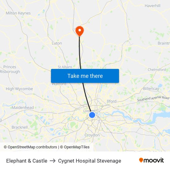 Elephant & Castle to Cygnet Hospital Stevenage map