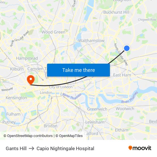 Gants Hill to Capio Nightingale Hospital map