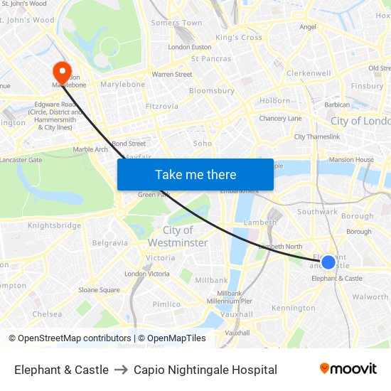 Elephant & Castle to Capio Nightingale Hospital map