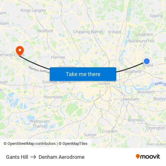 Gants Hill to Denham Aerodrome map