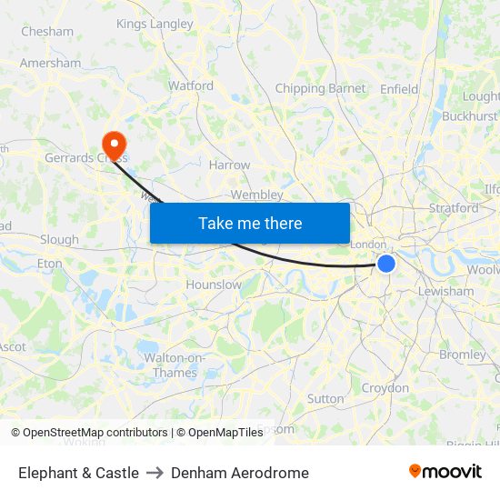 Elephant & Castle to Denham Aerodrome map