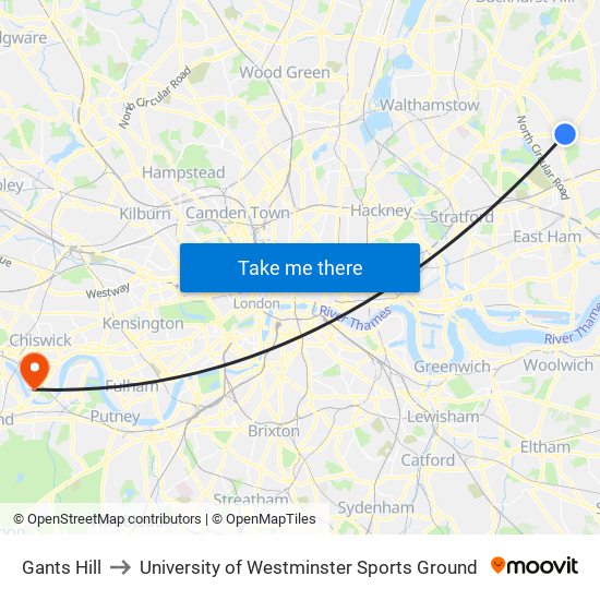 Gants Hill to University of Westminster Sports Ground map