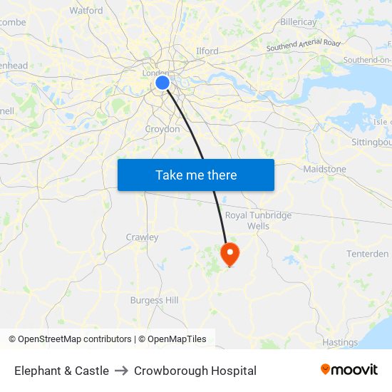 Elephant & Castle to Crowborough Hospital map
