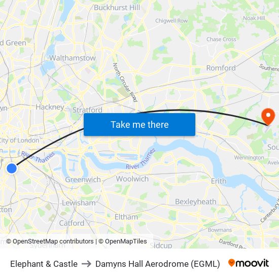 Elephant & Castle to Damyns Hall Aerodrome (EGML) map