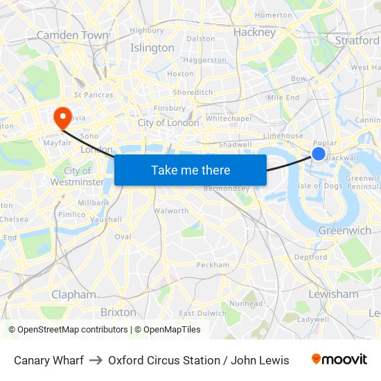 Canary Wharf to Oxford Circus Station / John Lewis map