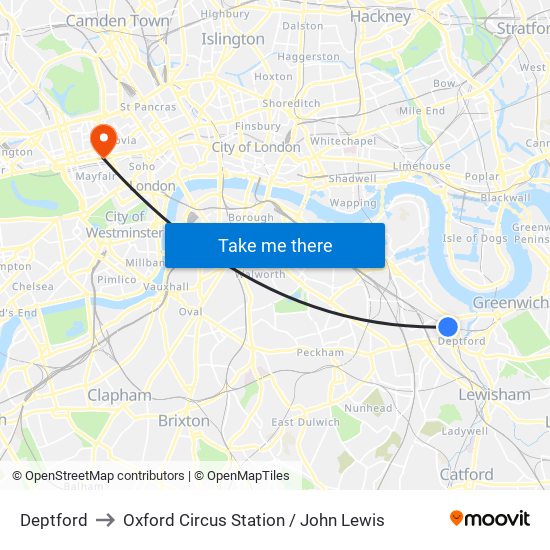 Deptford to Oxford Circus Station / John Lewis map