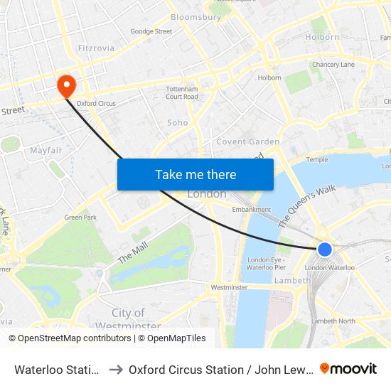 Waterloo Station to Oxford Circus Station / John Lewis map