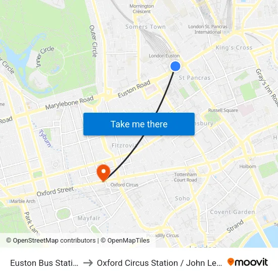 Euston Bus Station to Oxford Circus Station / John Lewis map