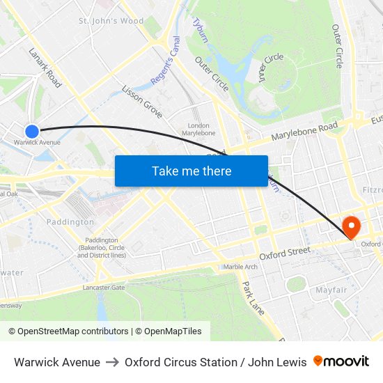 Warwick Avenue to Oxford Circus Station / John Lewis map