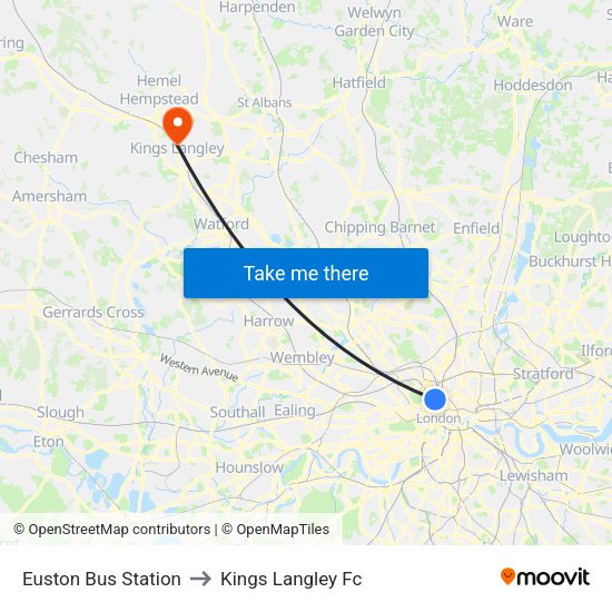 Euston Bus Station to Kings Langley Fc map