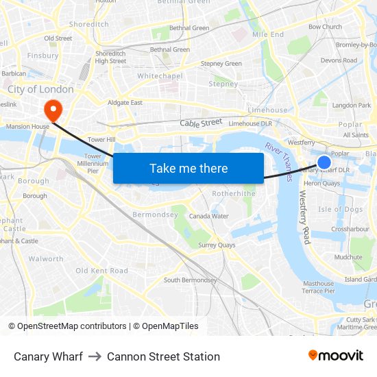 Canary Wharf to Cannon Street Station map