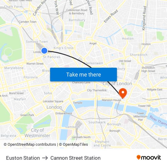 Euston Station to Cannon Street Station map