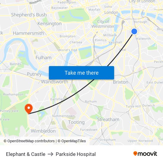 Elephant & Castle to Parkside Hospital map