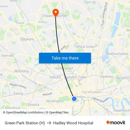 Green Park Station (H) to Hadley Wood Hospital map