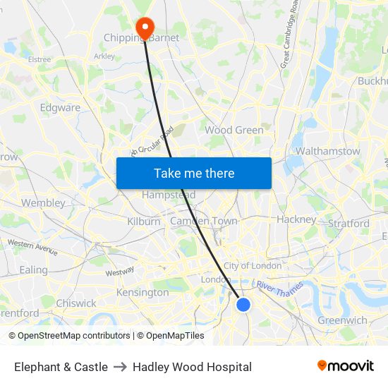 Elephant & Castle to Hadley Wood Hospital map