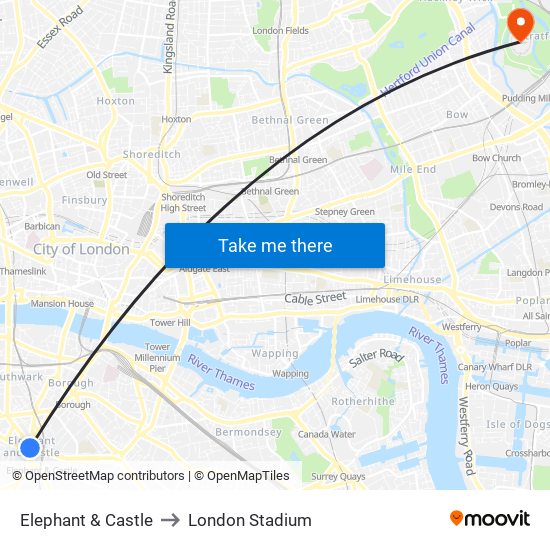 Elephant & Castle to London Stadium map