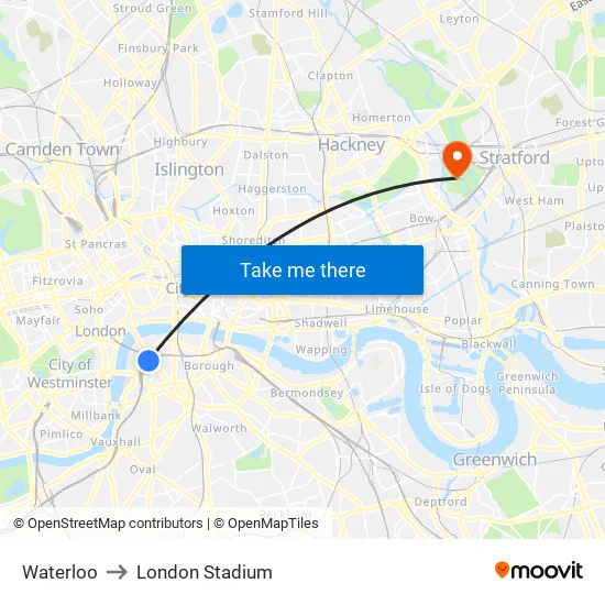Waterloo to London Stadium map