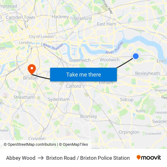 Abbey Wood to Brixton Road / Brixton Police Station map