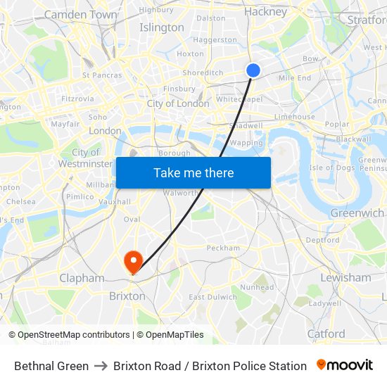 Bethnal Green to Brixton Road / Brixton Police Station map