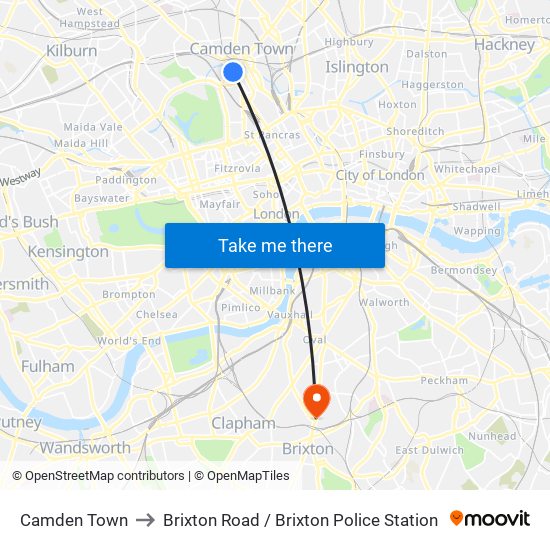 Camden Town to Brixton Road / Brixton Police Station map