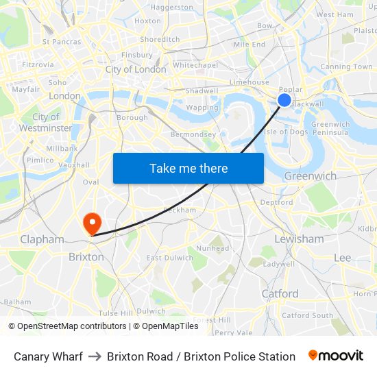 Canary Wharf to Brixton Road / Brixton Police Station map