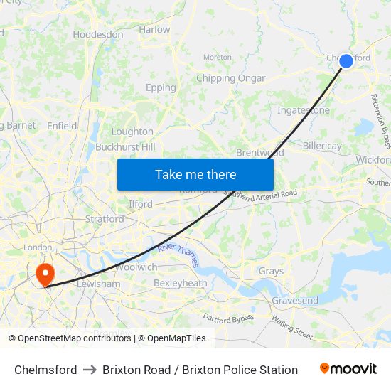 Chelmsford to Brixton Road / Brixton Police Station map