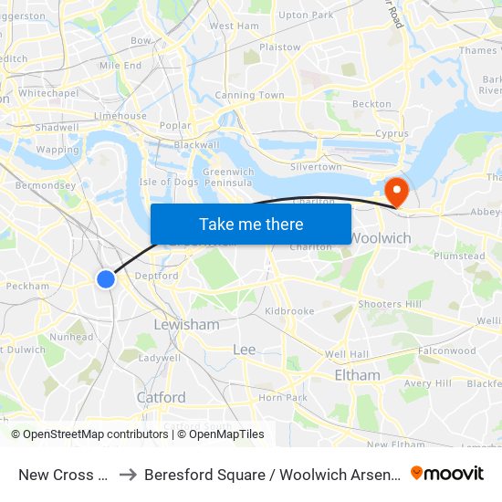 New Cross Gate to Beresford Square / Woolwich Arsenal Station map