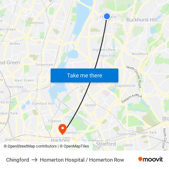 Chingford to Homerton Hospital / Homerton Row map