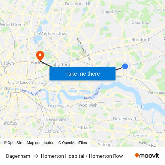 Dagenham to Homerton Hospital / Homerton Row map