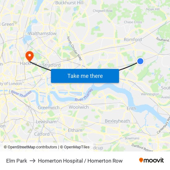 Elm Park to Homerton Hospital / Homerton Row map