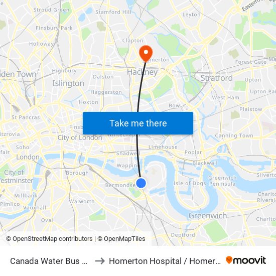 Canada Water Bus Station to Homerton Hospital / Homerton Row map