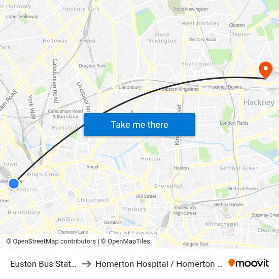 Euston Bus Station to Homerton Hospital / Homerton Row map