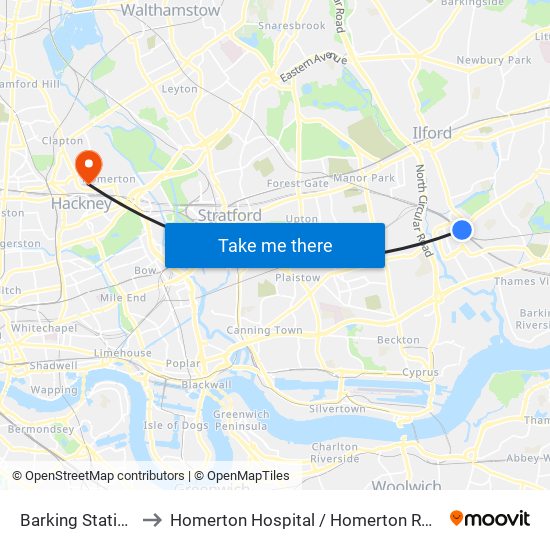 Barking Station to Homerton Hospital / Homerton Row map