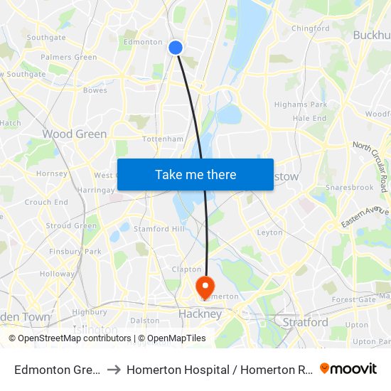 Edmonton Green to Homerton Hospital / Homerton Row map