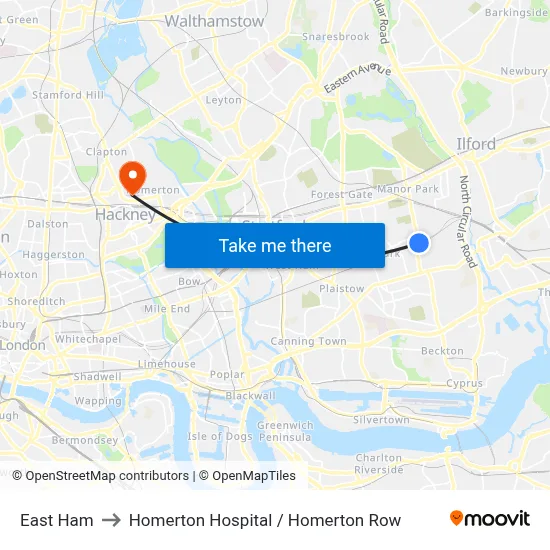 East Ham to Homerton Hospital / Homerton Row map