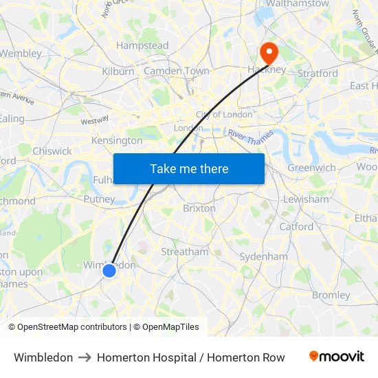 Wimbledon to Homerton Hospital / Homerton Row map