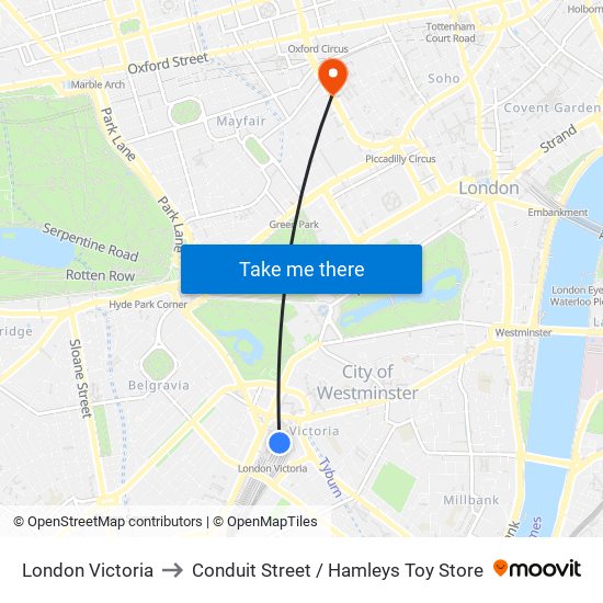 London Victoria to Conduit Street / Hamleys Toy Store map