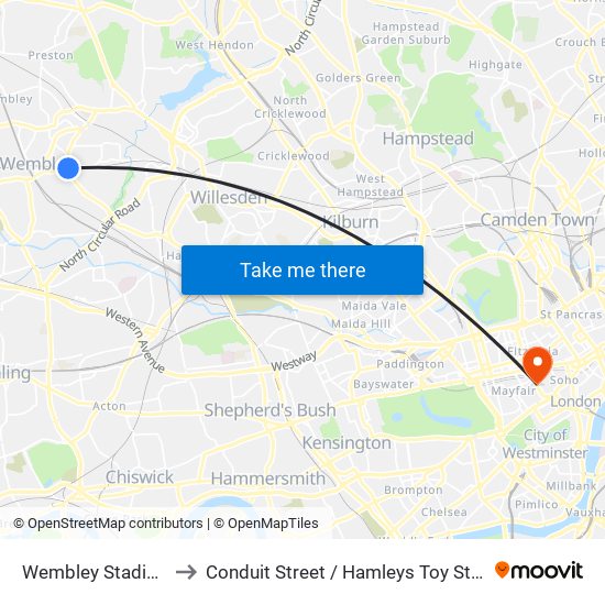 Wembley Stadium to Conduit Street / Hamleys Toy Store map