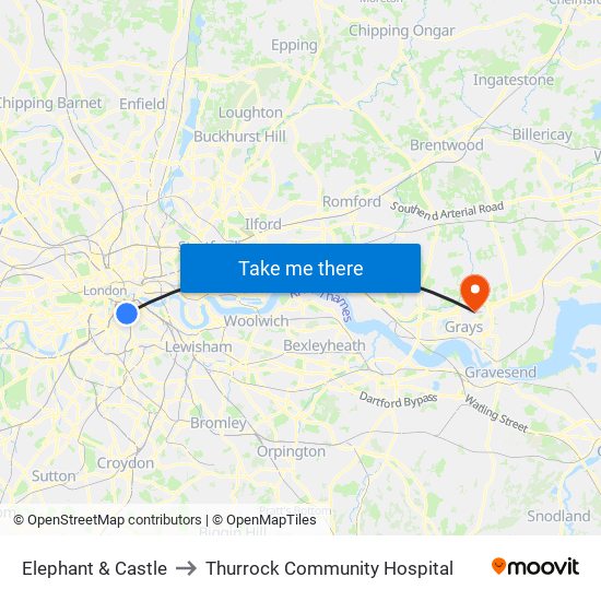 Elephant & Castle to Thurrock Community Hospital map
