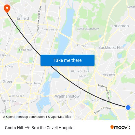 Gants Hill to Bmi the Cavell Hospital map